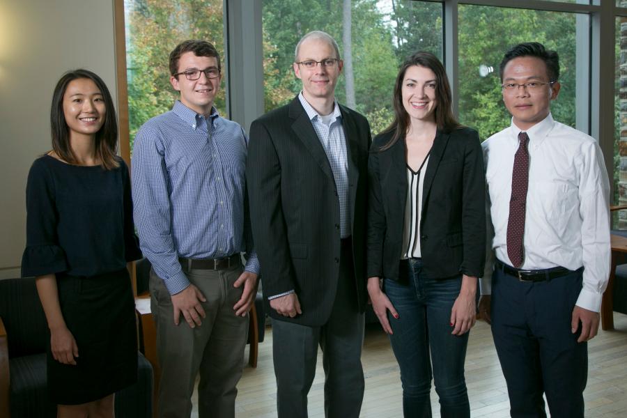 Left to right: Yuqi Tang (Chambers Fellow), Andrew Boyce (Fitzpatrick Scholar), George Bullard (Chambers Scholar), Kristen Hagan (Chambers Fellow), Qiwei Zhan (Chambers Scholar). 